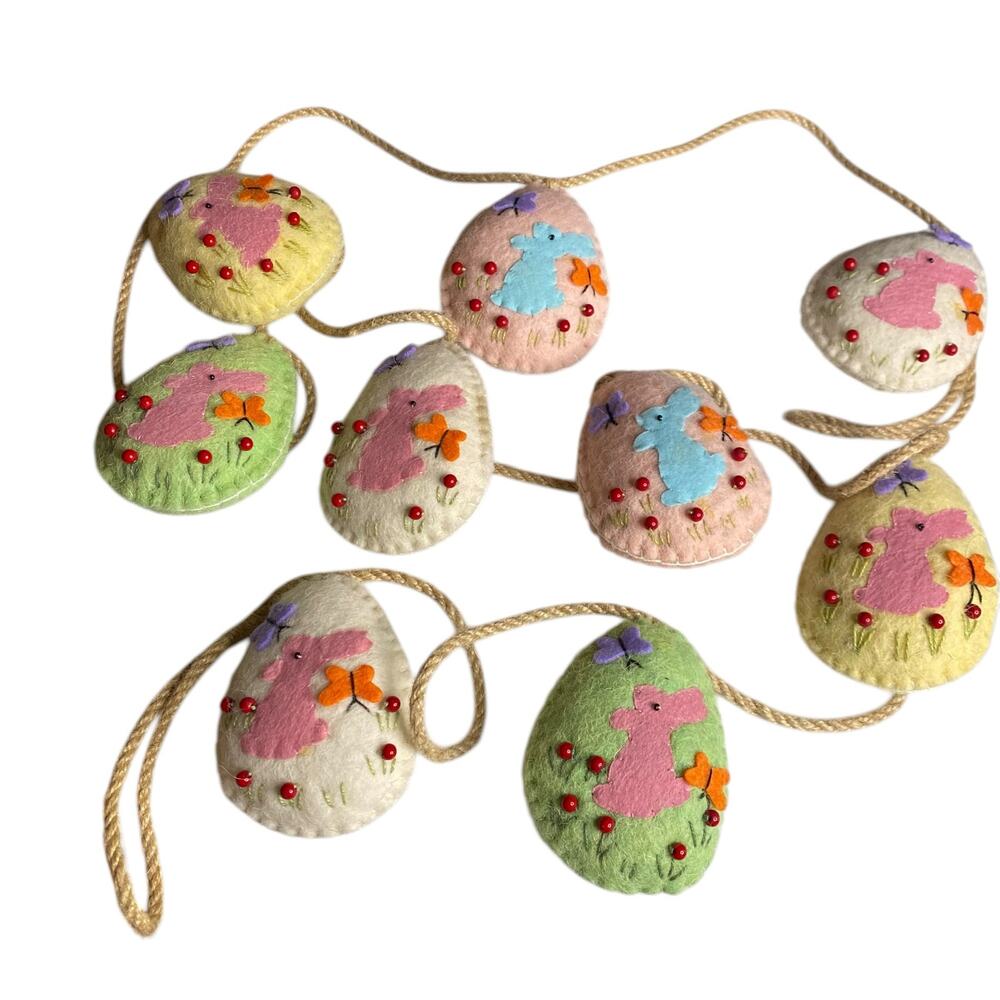 Set of Handcrafted Felt Easter Eggs 80" Garland Featuring Bunnies & Butterflies